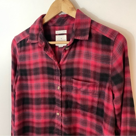 American Eagle Plaid Flannel Shirt Sm Red Boyfriend Fit Amazingly Soft Longline - Picture 2 of 12